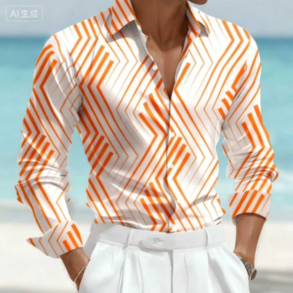 قميص رجالي مخطط هندسي بأكمام طويلة وطية صدر السترة كاجوال لقضاء عطلة شاطئ هاواي مصمم عصري قماش عالي الجودة