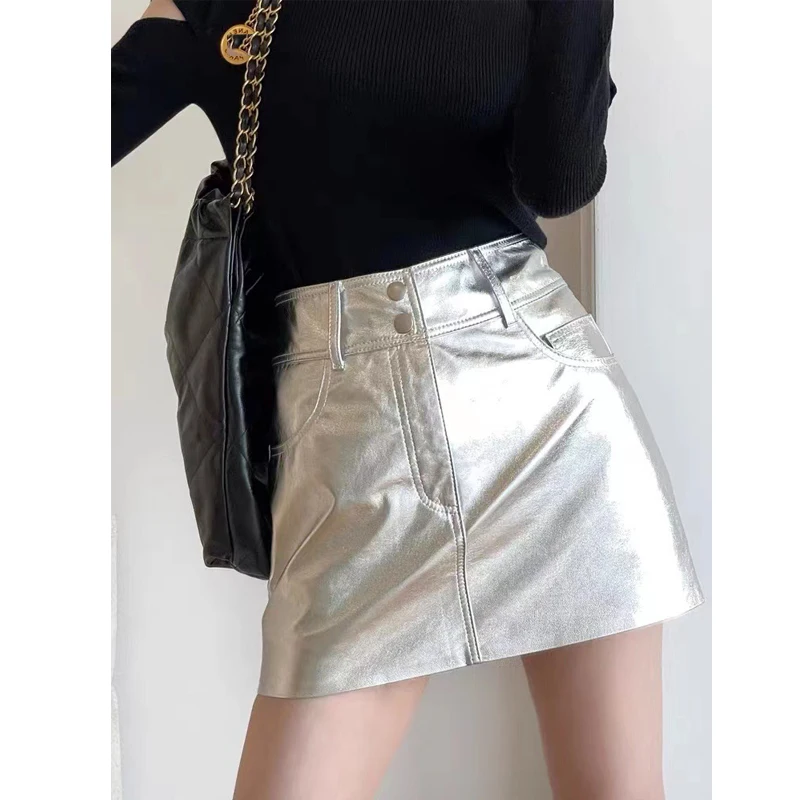 

100% Sheepskin Skirts 2024 Spring Summer Women Sexy Bodycon High Waist A-line Mini Skirts Fashion Gold Silver Black Short Skirts
