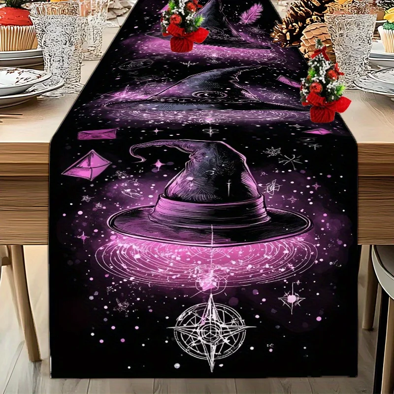 

VIKAMA Halloween Magic Table Runner Waterproof and Machine Washable Wizard Hat and Star Party Home Decor Table Runner