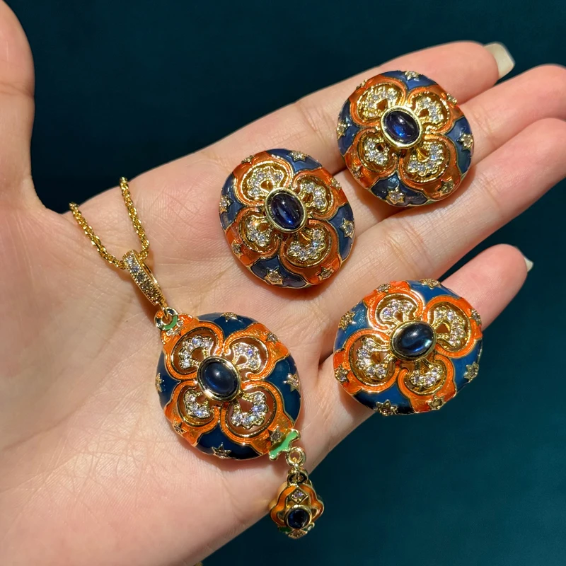 

Vintage Antique Natural Stone Jewelry Sets Royal Court Hollow Out Pendant Necklace Rings Earrings For Women Accessories Luxury