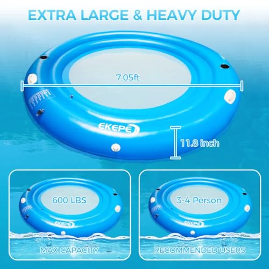 Round inflatable water hammock for pool, lakes, oceans, summer parties; heavy-duty PVC material; blue color; 7ft size with extr