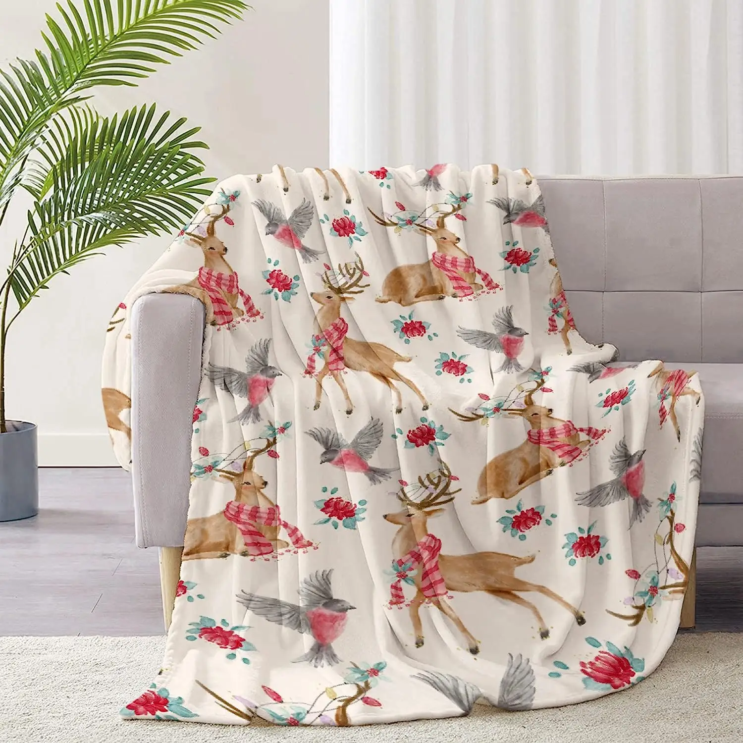 Elk Christmas Bird Red Berry Blanket Print Soft Lightweight Warm Cozy Plush for Bedroom Bedding Couch Novelty Gift