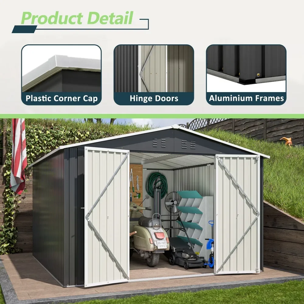 Outdoor Storage Shed 10x10 FT, Utility Metal Tool Storage with Lockable Doors and Updated Frame Structure