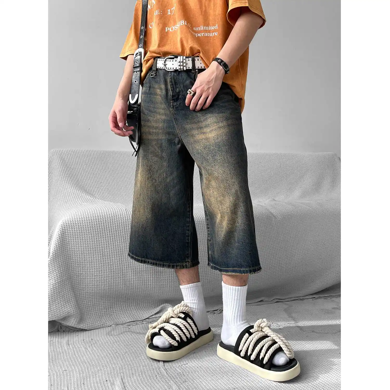 

American High Street Retro adient Jeans orts Waed Loose Straight Cut Seven Eight Parts Hong Kong Sle Casual Wear