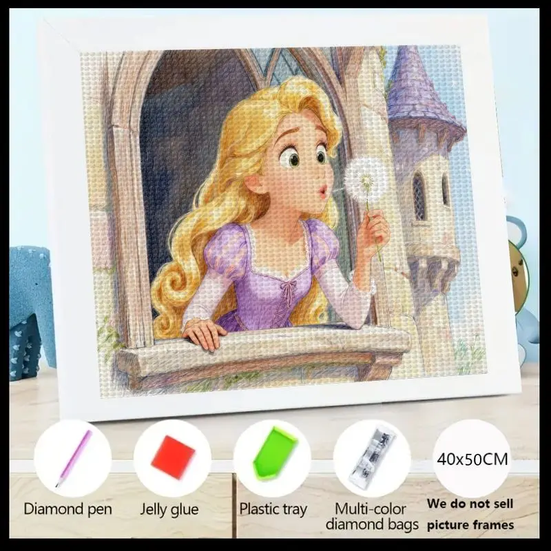 

1PC Full Drill 5D DIY Diamond Painting Kit, Sparkling Fairytale Princess Blowing Dandelion at Castle Window, Long Hair Girl Crys