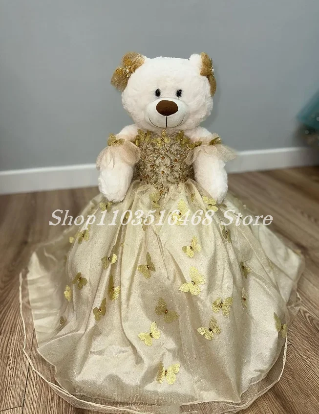 

Personalised Quinceanera Teddy Bear Dress Champagne Glitter Elegant Floral Embroidered Sequin Applique Special Links