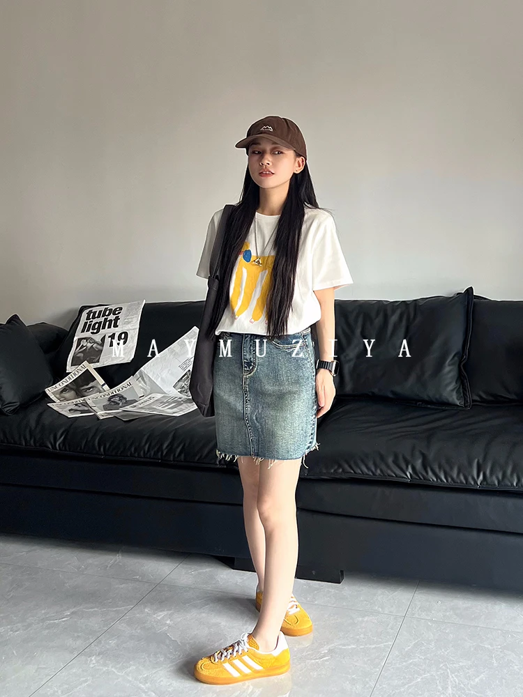 

High Waist A-Line Skirt Blue Summer Slimming Versatile Denim f-length Skirt for Small Stature Women MAY MUZIYA