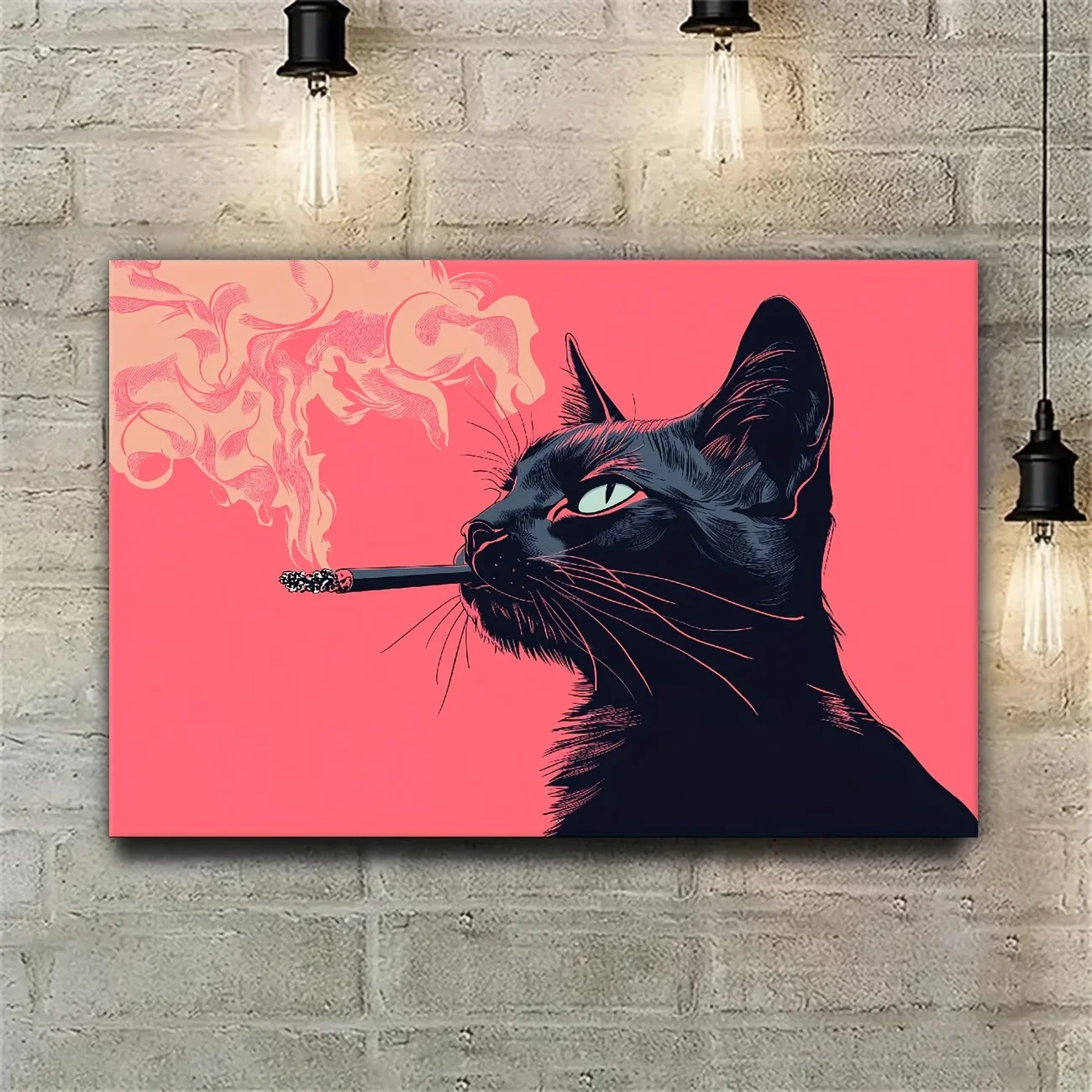 Elegant Black Cat Smoking Art Canvas Painting