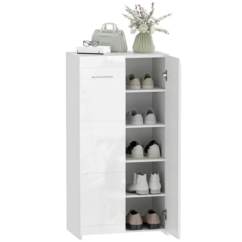 Meuble à chaussures 10 paires, armoire à chaussures haute brillance 5 niveaux, étagères réglables, 55x36x108cm, blanc