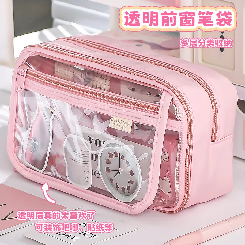 

Transparent Pink Pencil Bag Ruler Holder Case Cute Sweet Stationery Eraser Organzier Gift Pen Pouch INS PVC Cover Zipper Storage