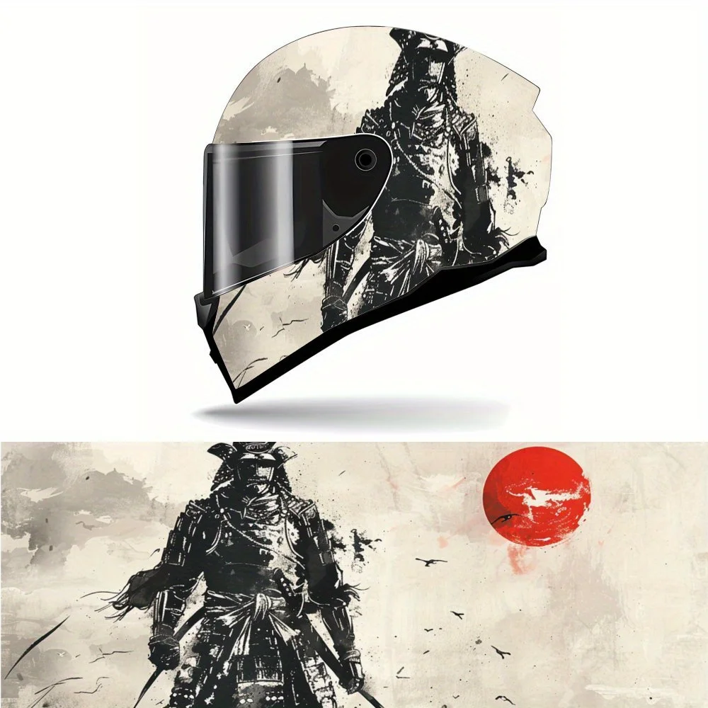 

Japanese Samurai Wearing Armor PVC Motorcycle Helmet Vinyl Wrap, Self-Adhesive Waterproof Sticker, Anti-Scratch Decorative Film