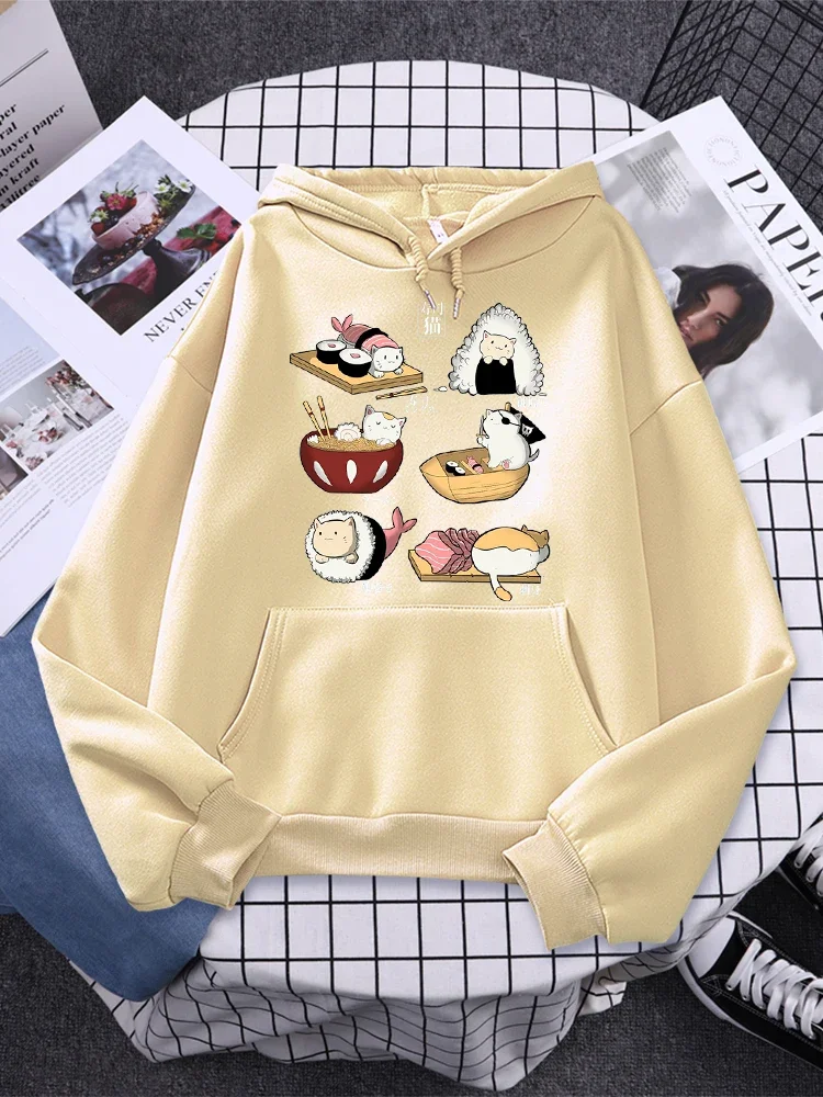 Sushi Katzen Tag Harajuku Gedruckt Hoody Damen Mode Kleidung Herbst Fleece Sweatshirt Casual Rundhals Weibliche Streetwear