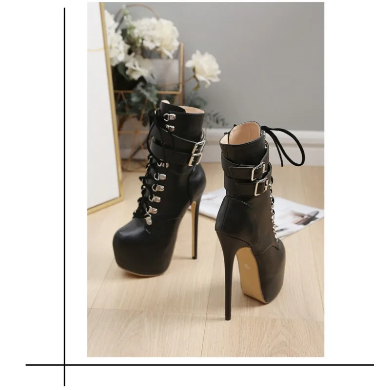 Stivali con plateau autunno inverno per donna Sexy punta tonda con fibbia cinturino Pole Dance tacchi alti décolleté moda scarpe da pista stringate