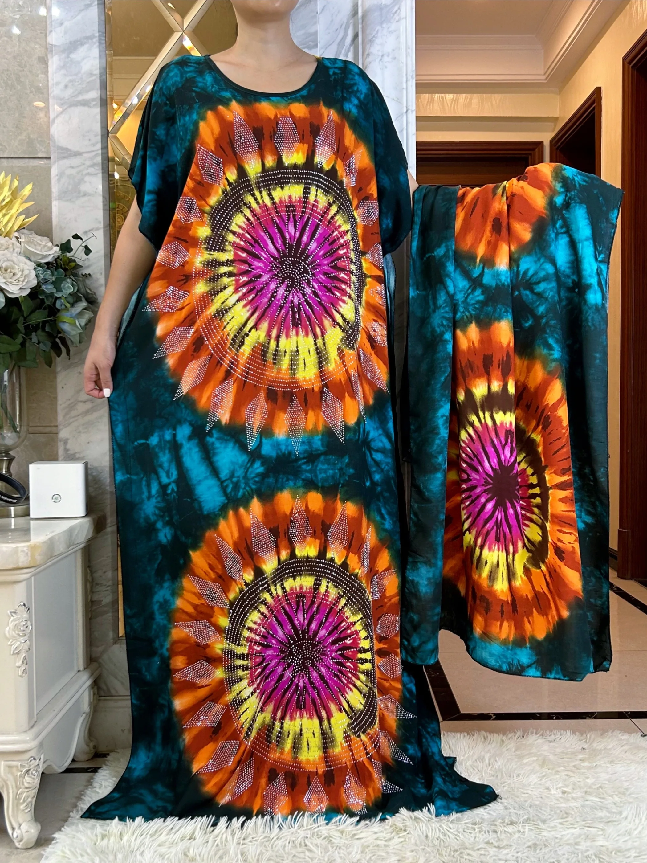 Abaya Eid avec grande écharpe pour femme, robe d\'été africaine, manches courtes, Dashiki Dresign, imprimé floral, adt Islam, vêtements en coton