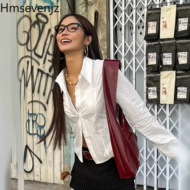 Hmsevenjz Spicy Girl 플레어 슬리브 백 탄성 셔츠 여성 여름 턴 다운 칼라 경량 슬림 피트 셔츠 여성 의류