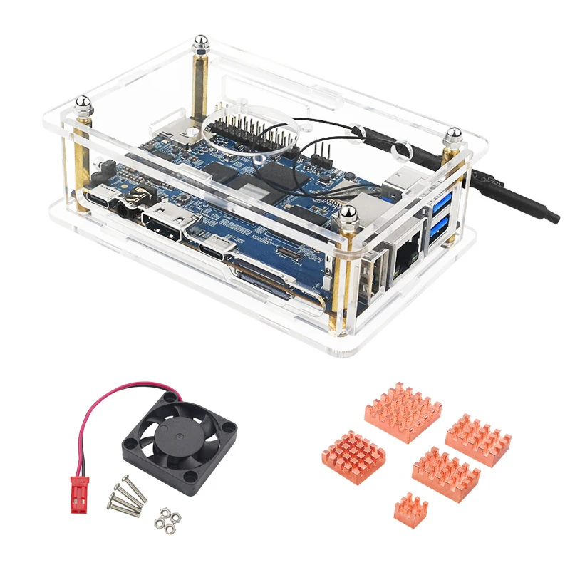 Acrylic Case for Orange Pi 5B, Transparent Shell with Cooling Fan, Antenna & Copper/Aluminum Heatsink