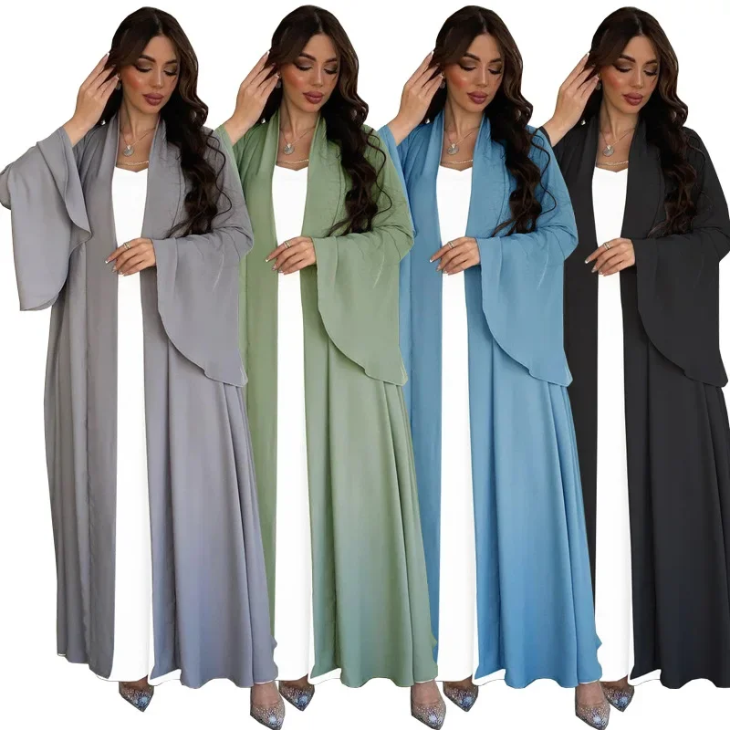 

Muslim Fashion Dress with Ruffle Sleeves Solid Color Shawl Coat Middle Eastern Elegant Dress