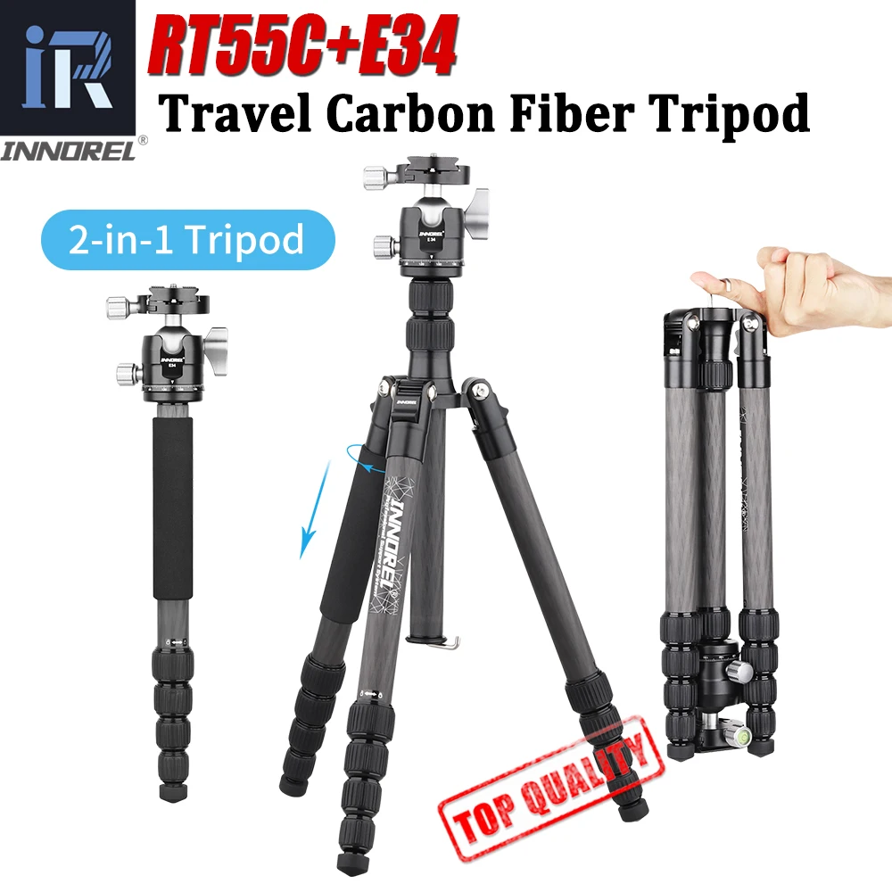 

INNOREL RT55C 10 Layers Carbon Fiber Travel Tripod Monopod For DSLR Camera Camcorder Low Gravity Center Ball Head 12kg Max Load