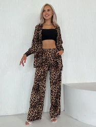 Marthaqiqi Fashion Ladies Nightwear Set Turn-Down Collar Pajama Long Sleeve Nightgowns Pants Leopard Print Female Sleepwear Suit