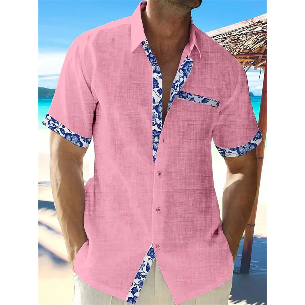 

2024 Men's Casual Hawaiian Linen irt Faion Summer Sle Thiened Fce Lined Nine-Quarter Sve Collar