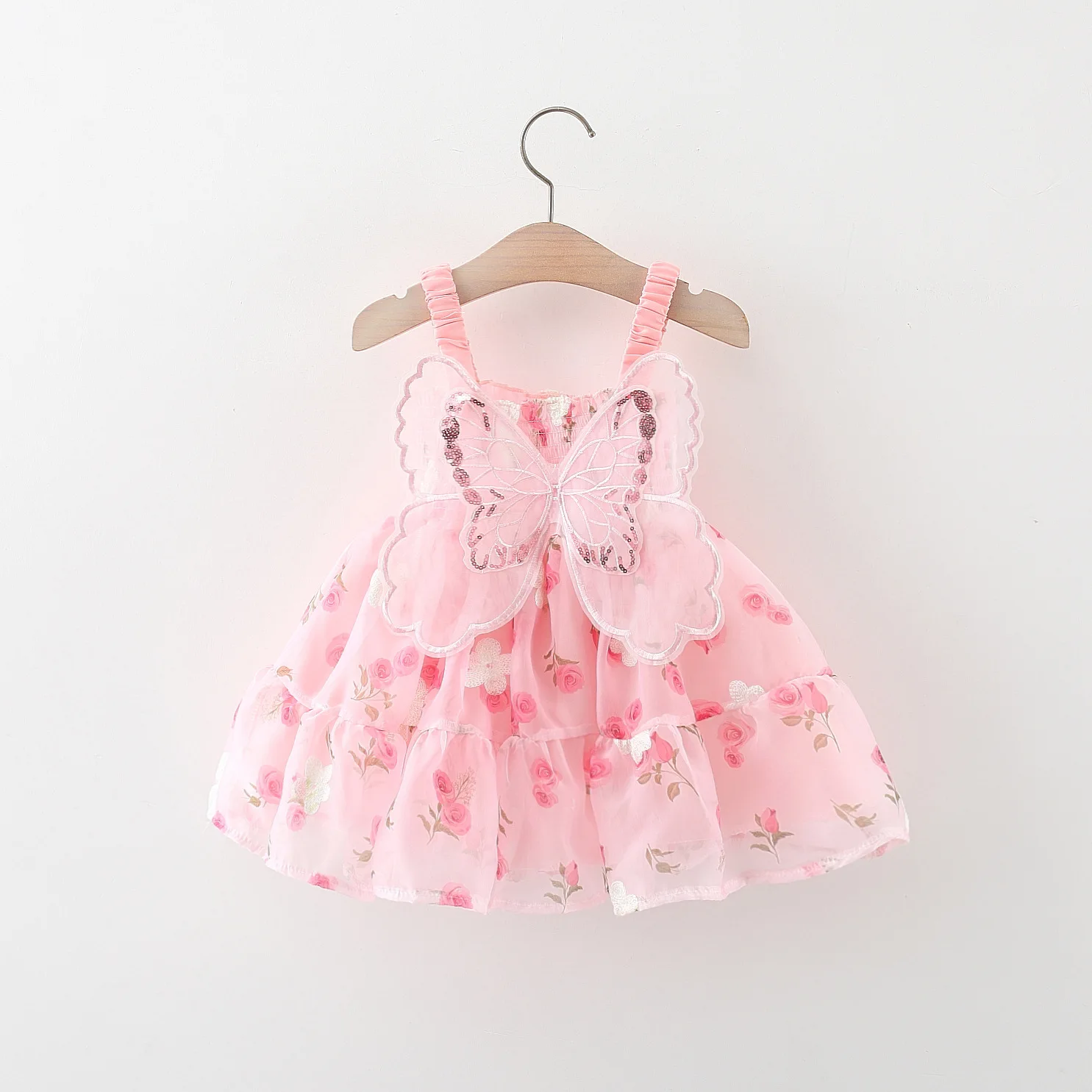 Summer beach baby girl dress with butterfly wings embroidery on the back rose print suspender princess dress