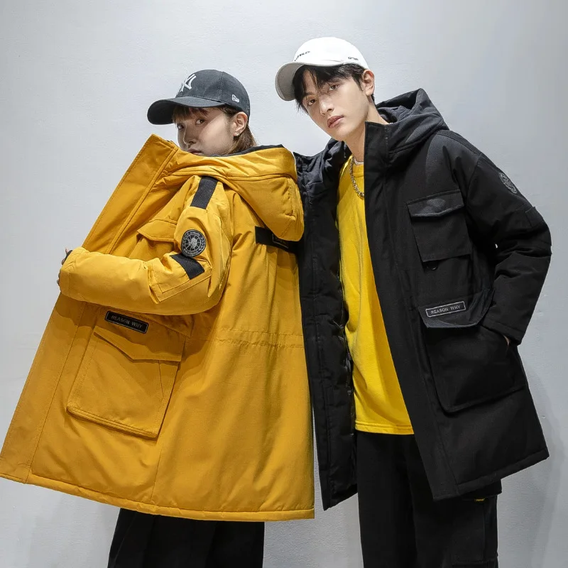 Nuovo arrivo stile coreano uomo lungo piumino d'anatra bianco uomo inverno caldo con cappuccio multi tasche tuta sportiva ispessita JK-066