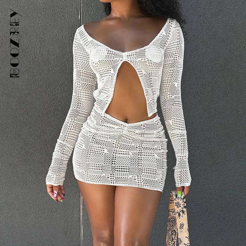 BoozRey 2024 Women 2 Piece Beach Outfits Crochet Knit Hollow Out Pullover Swimsuit Cover Ups Long Sleeve Crop Top Mini Skirt Set