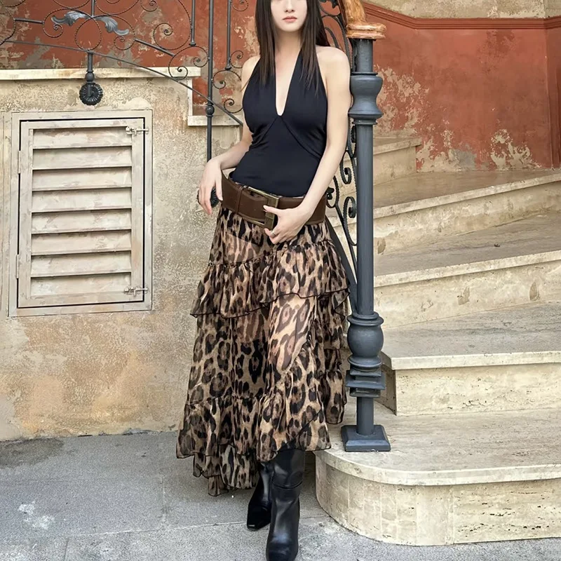 

Women Ankle Skirt 2026 Autumn New Wilderness Nomadic Style Leopard Printed Open Slit Chiffon Elegant Skirt