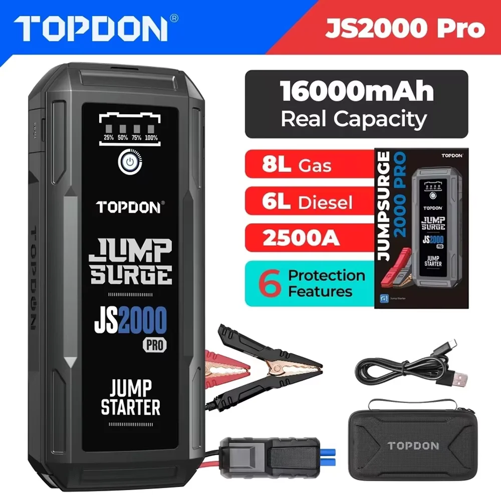 Topdon JS2000PRO 2500A Jump Starter Power Bank 12V Car Starting Device 16000Mah Battery Jump Start for Car Booster