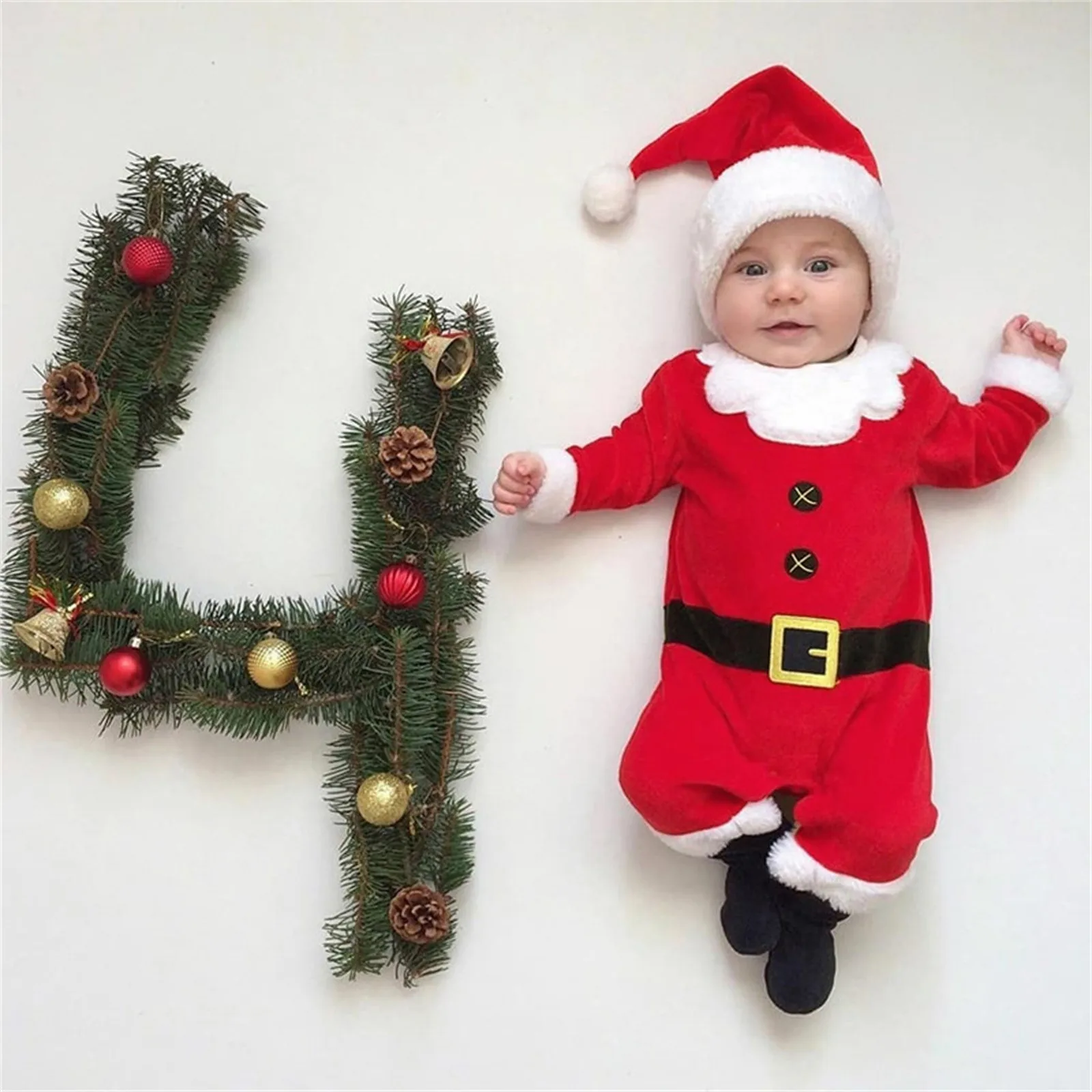 Baby Xmas Christmas Outfits Boys Girls Red Santa Claus Jumpsuit Fleece Romper Hat 2pcs Set Kids My First Christmas Baby Costume