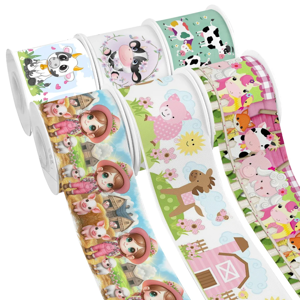 5 yards Farm Animals Cartoon Design Printed Grosgrain Ribbon for Cheer Bows DIY Girl Headwear Hair Bows Satin Ribbon