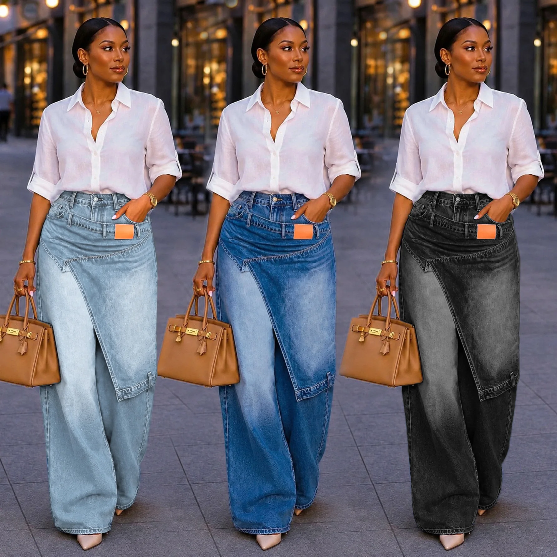 American Style Women Floor Length Casual Trendy Asymmetrical Wide Leg Straight Jeans Pants Four Seasons Female Denim Trousers