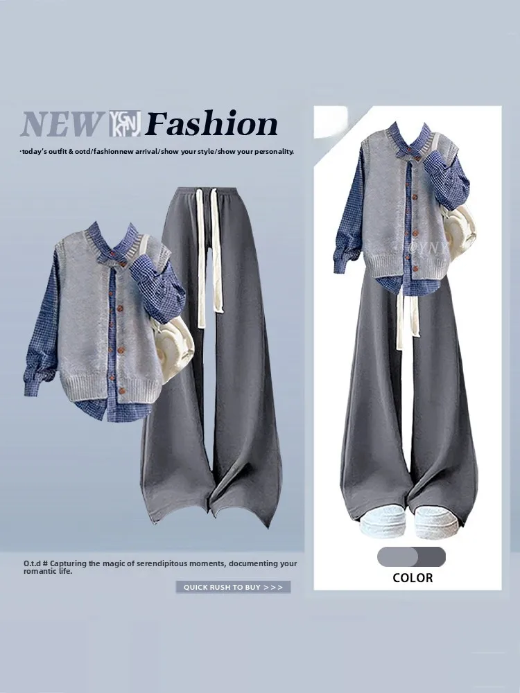 

Модный женский комплект из двух предметов: клетчатые брюки с широкими штанинами и поясом на высокой талии для весны, повседневный, с эффектом похудения