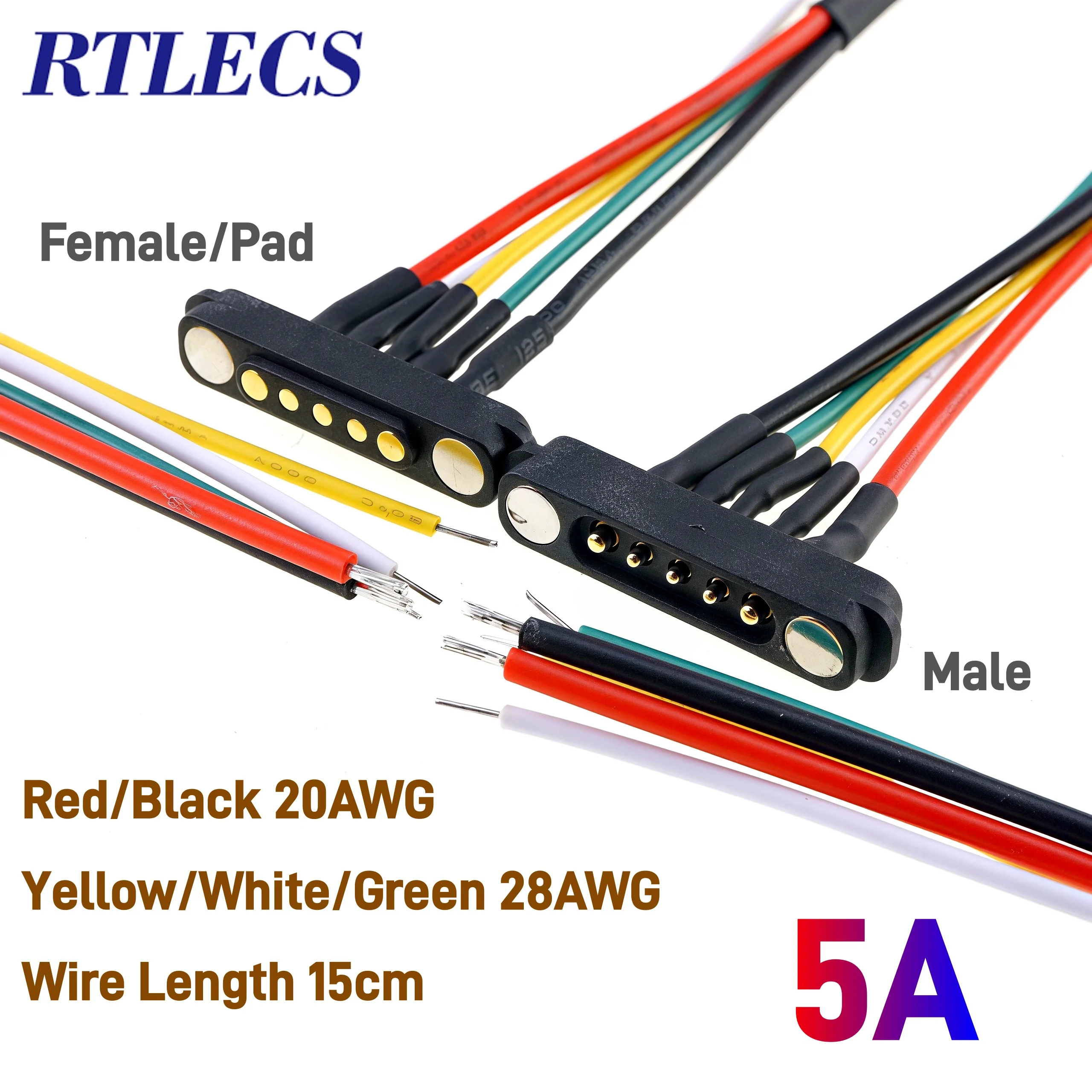 5A Magnetic Pogo Pin Connector Spring Loaded Extend Cable 2/3/4/5/6 Pin Male Female Adapter 16/18AWG DC Power 2.54mm Spacing