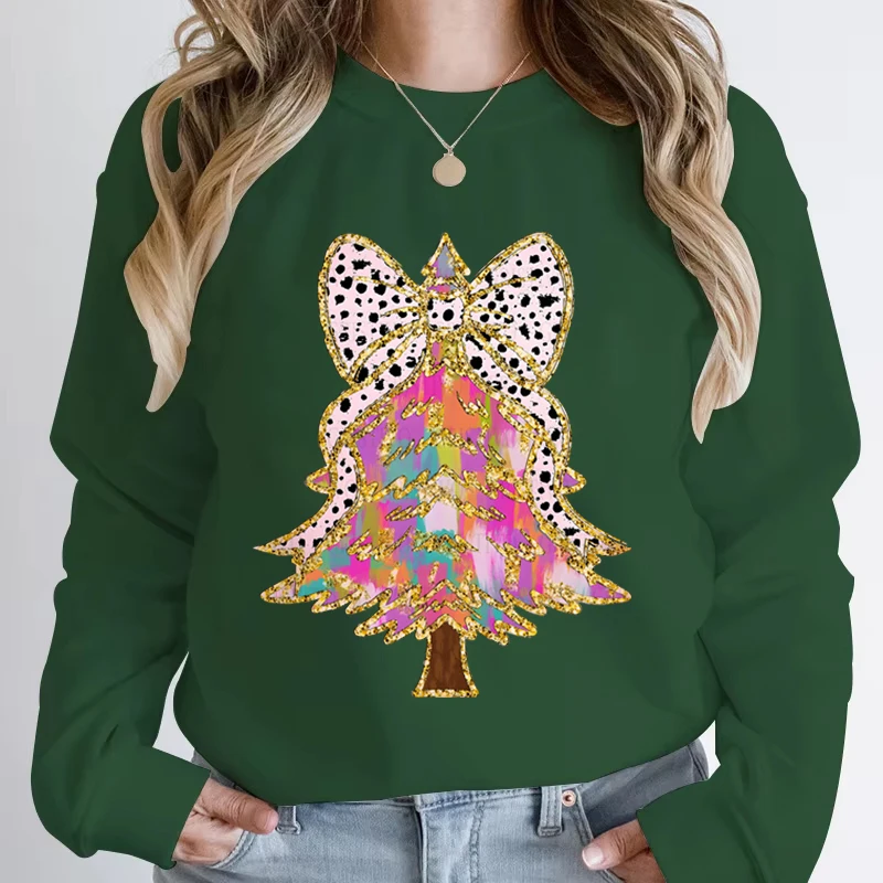 Creative Christmas Tree Fashion Women Green Sweatshirt Aesthetics Long Sleeve Crew Neck Hoodless Pullover Female Xmas Sportswear