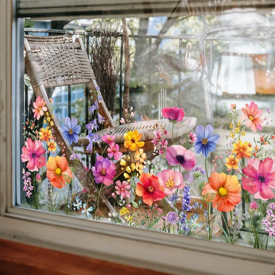 

Flower Garden Window Stickers Wildflower Grass Window Wall Decals Lily Peony Poppy Floral Window Stickers for Bedroom Living Ro