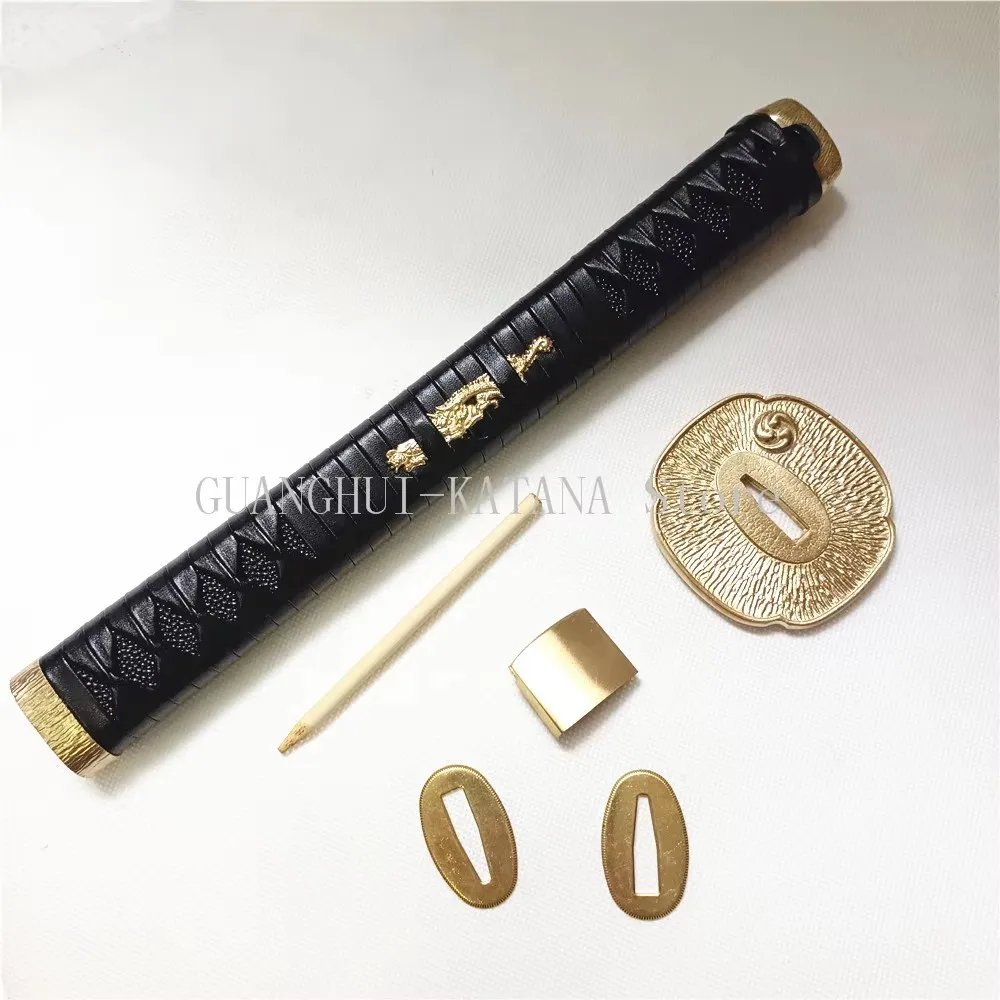 30cm Black leather Handle Brass Tsuba Fittings Set Brass Menuki Fuchi Kashira Habaki Seppa For Japanese Katana Wakizashi Tanto