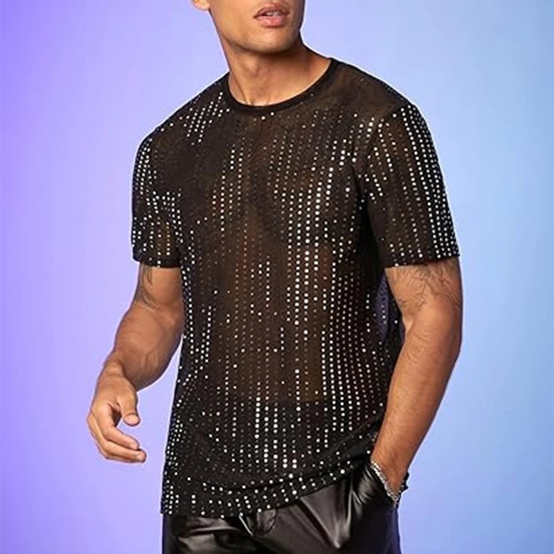 Sexy See Through Mens Mesh T-shirts Shinny Sequin Design Slim T Shirt Summer Men Streetwear Trendy Short Sleeve O-Neck Pullovers