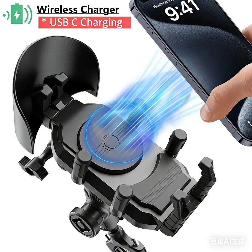 

Motorcycle Phone Holder 15W Wireless Charging Shockproof Anti-Theft Phone Mount for Bike E-Bike Handlebar Mirror GPS Navigation