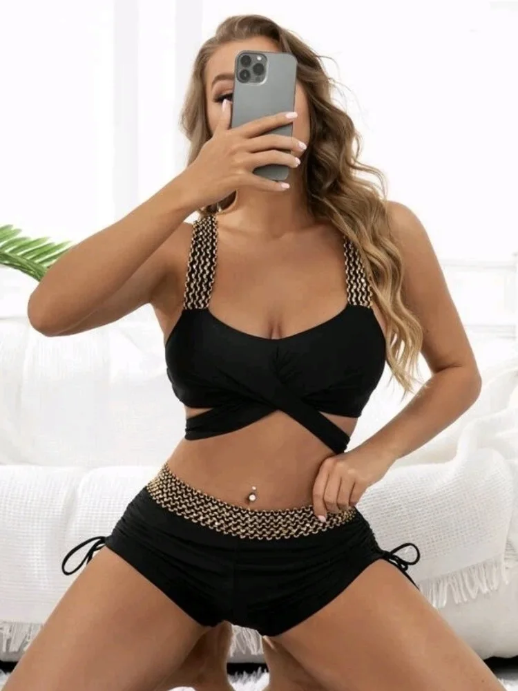 Sexy Bikini Beach Women's Cross Tie Top Shoulder Straps High Waist Tight Solid Color Swimsuit 2024 Summer Fashion Latest Style