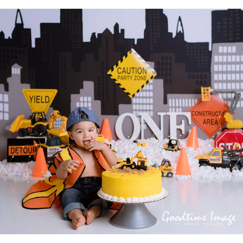 Construction Worker Boy Birthday Photography Backdrop Cake Smash Baby Excavator Party Banner Children Background