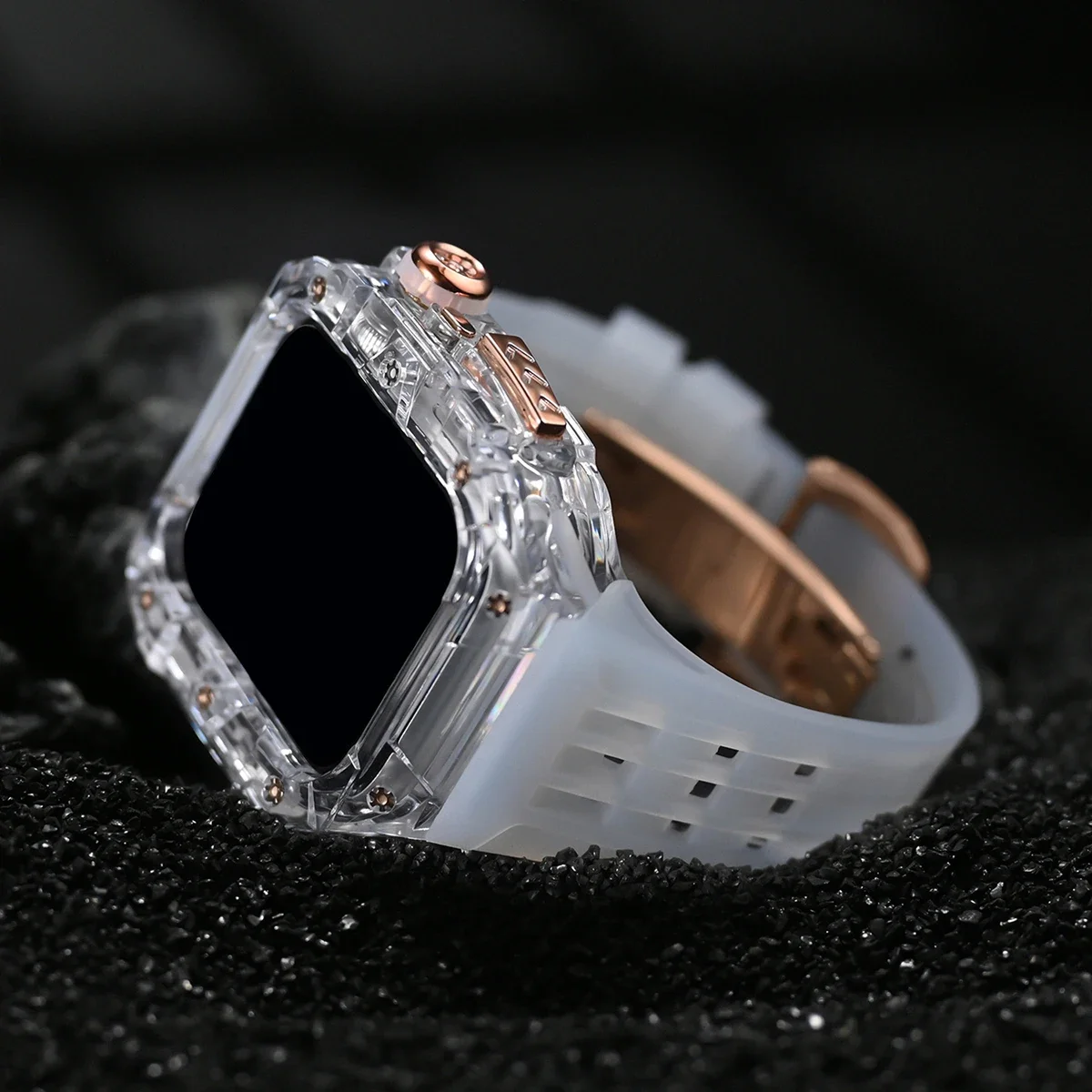 Transparent Case+Strap For Apple Watch Series 10 Fluororubber Watch Band Modification Kit For iWatch S10 46MM Butterfly Buckle