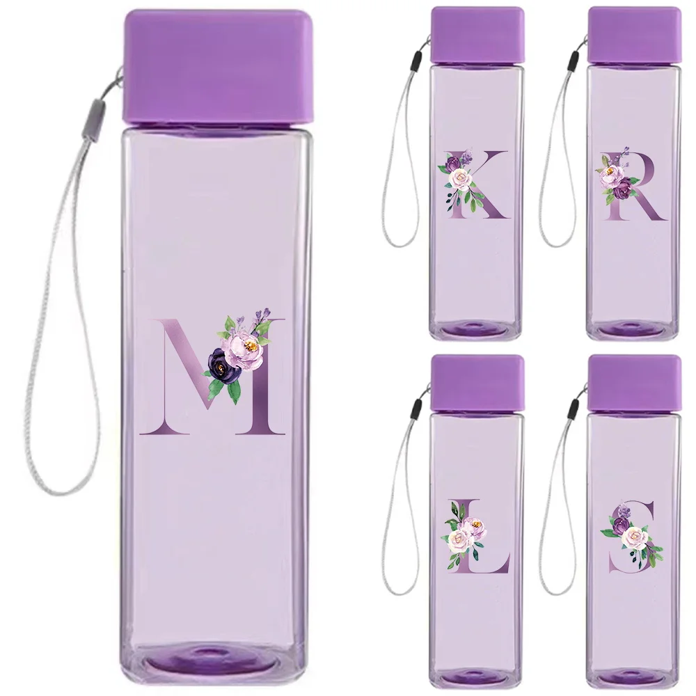 

Portable Outdoor Sports Water Bottle With Rope Travel Milk Tea Water Cup Outdoor Water Milk Tea Juice Cup Purple Letter Pattern