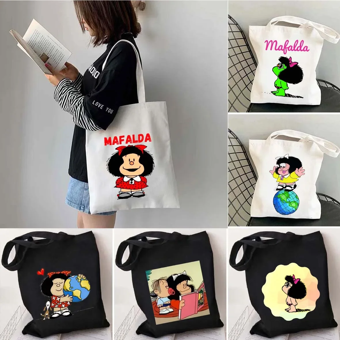 Kawaii Mafalda Shopping Bag Cute Anime Manga Girl Harajuku Flower Canvas Tote Bag Large Capacity Shopper Casual Shoulder Handbag