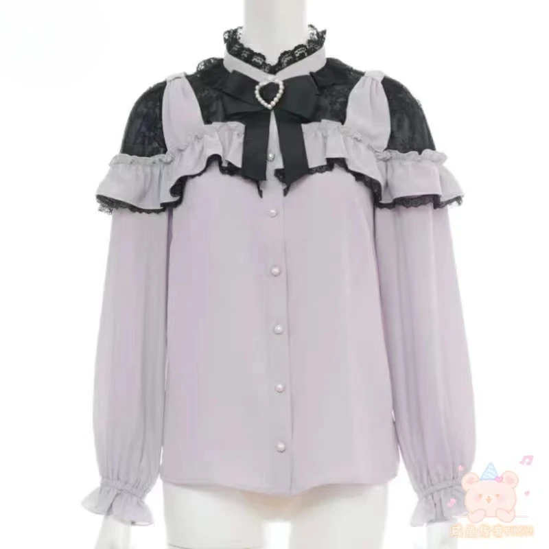 

Japanese SC 2025 Autumn Clothes New Sweet Lace Cute Bow Patchwork Shirt Mass-Produced Lolita Sweet Long Sleeve Blouse Y2k Top