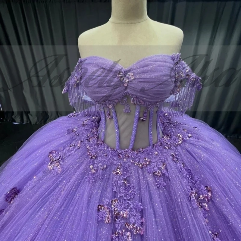 Luxo lavanda princesa 15 quinceanera vestido fora do ombro grânulo applique plissado tule inchado feminino baile de formatura festa de aniversário personalizado