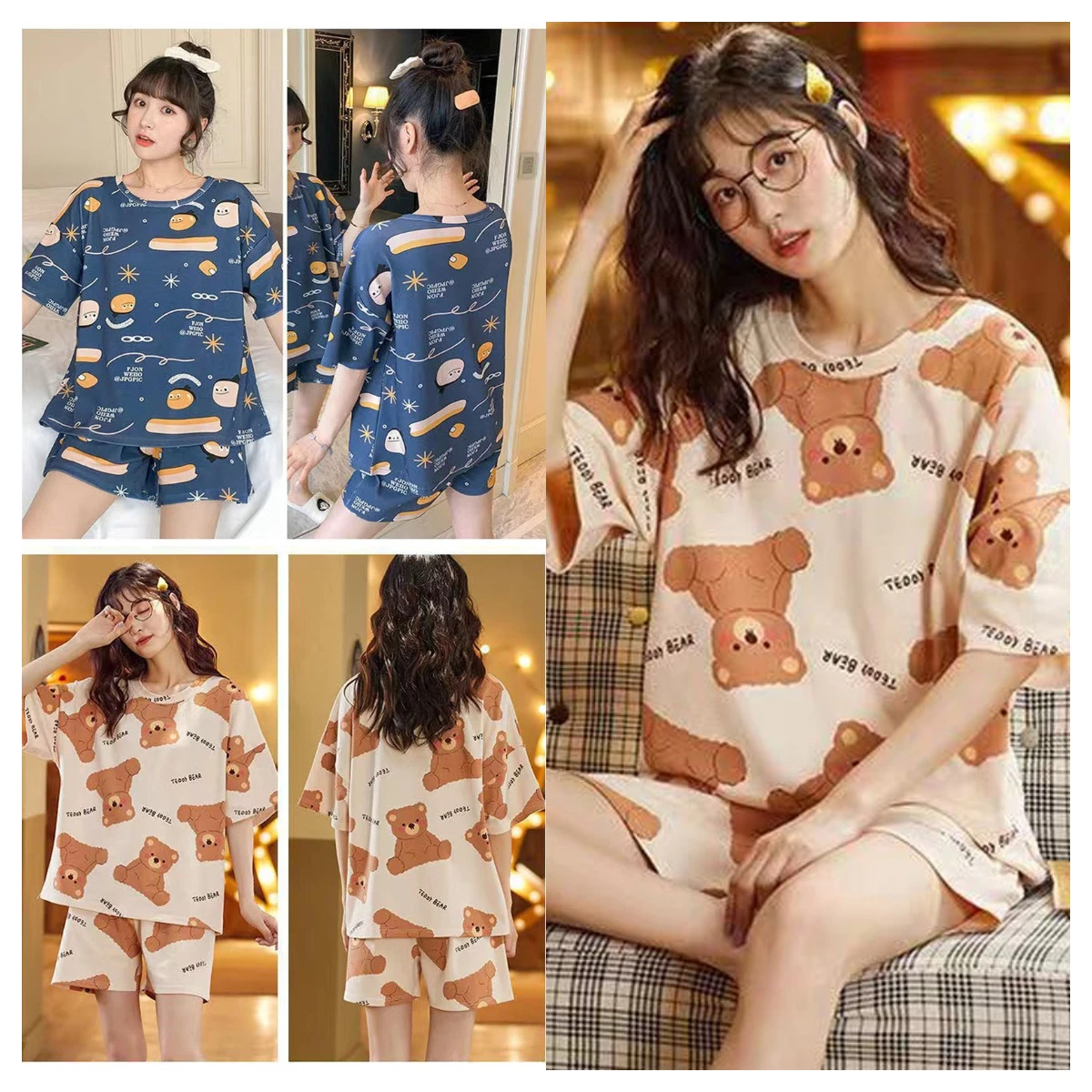 Two Sets Of Pajamas Women\'s Summer Short-Sleeved Shorts Large Size Thin Section Cute Comfortable Loose Worn Outside Homewear