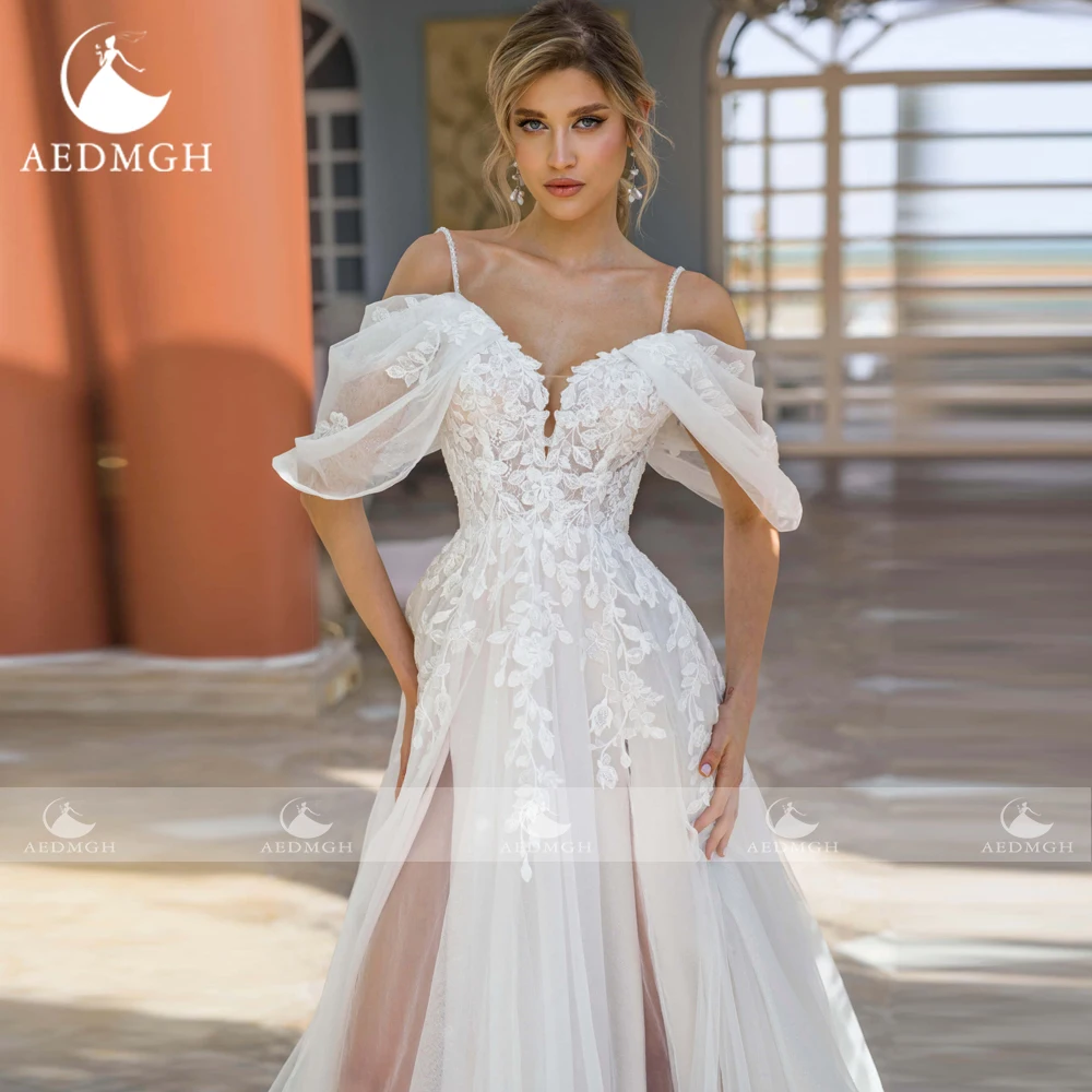 Aedmgh A-Line Boho Wedding Dresses 2024 Sweetheart Off The Shoulder Vestido De Novia Appliques Illusion Split Robe De Mariee