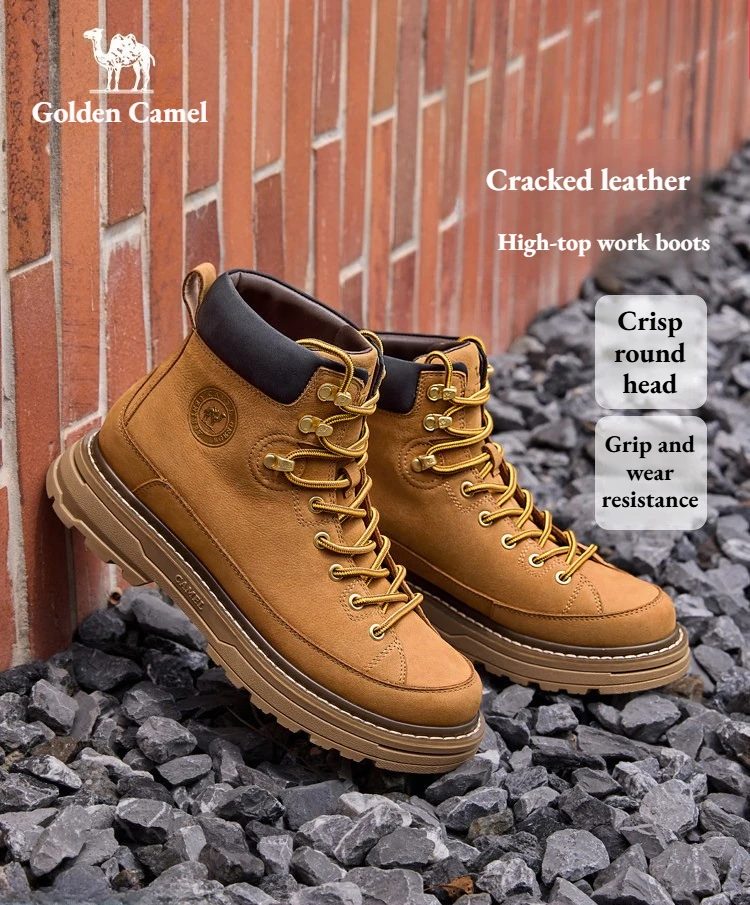 Golden Camel Men's High Top Leather Boots Fashion Motorcycle Men Ankle Boots Outdoor Hiking Lace Up Shoes Hombre Cowboy Boots