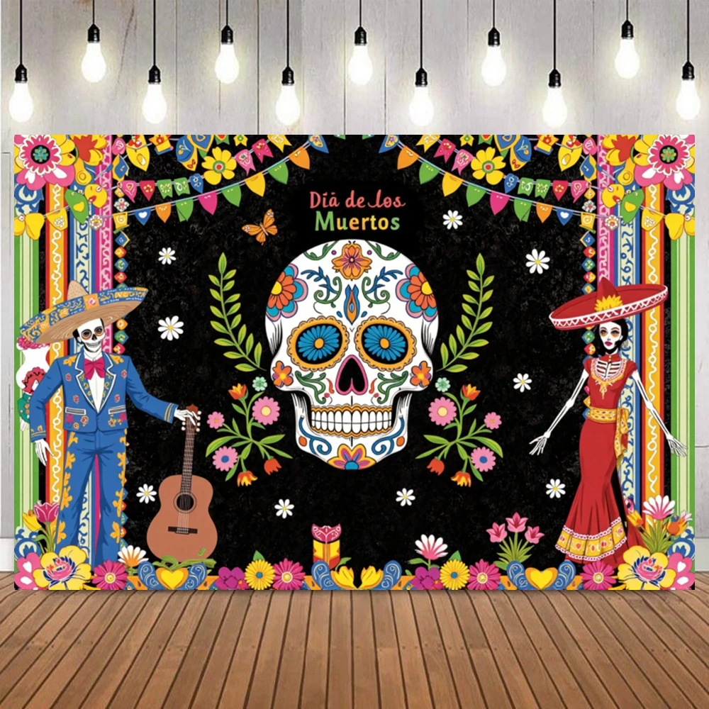Mexican Festival Theme Backdrop Feliz Cumpleanos Fiesta Skull Guitar Party Birthday Decor Photo Background Prop